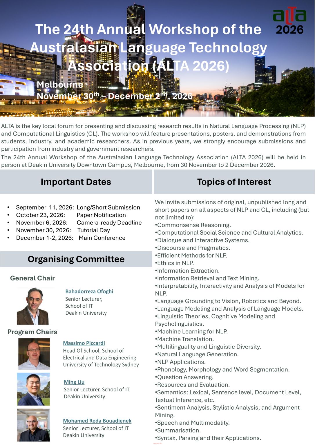 ALTA 2026 Call for Papers poster – 24th Annual Workshop of the Australasian Language Technology Association, Melbourne, 30 November to 2 December 2026.