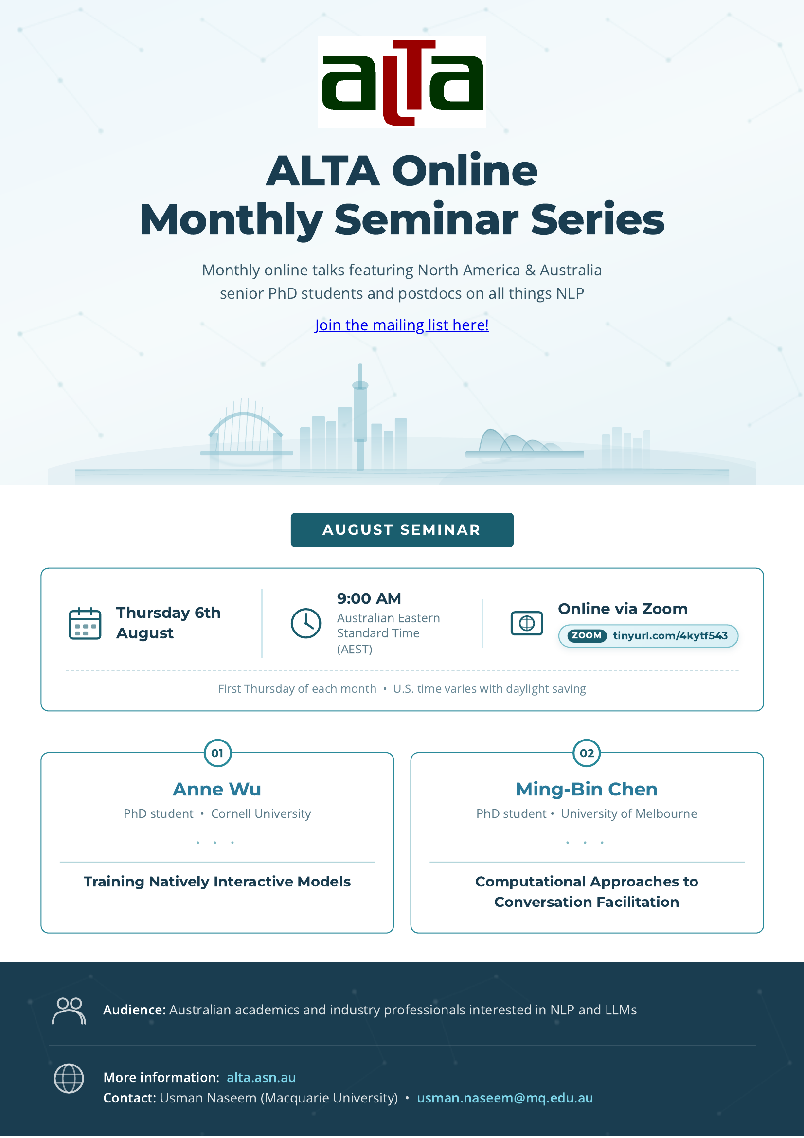 Poster for the ALTA Online Monthly Seminar Series – August 2026 session, Thursday 6 August, 9 AM AEST, featuring Anne Wu (Cornell University) and Ming-Bin Chen (University of Melbourne).