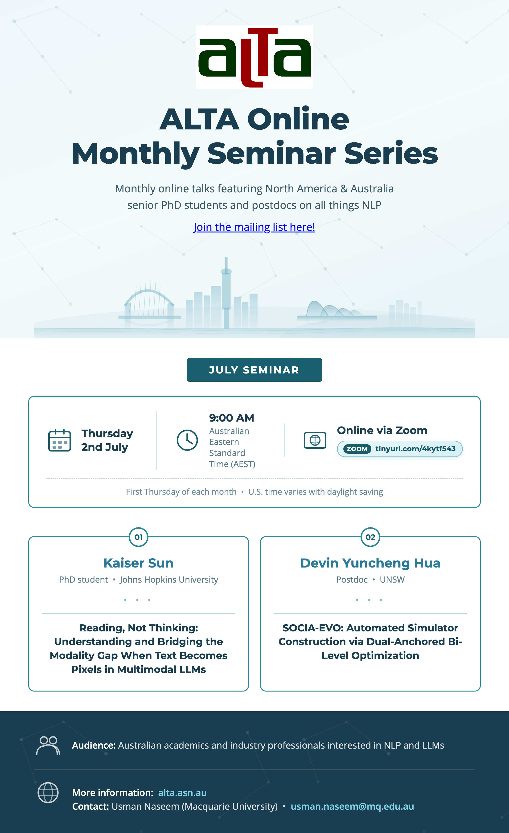 Poster for the ALTA Online Monthly Seminar Series – July 2026 session, Thursday 2 July, 9 AM AEST, featuring Kaiser Sun (Johns Hopkins University) and Devin Yuncheng Hua (UNSW).