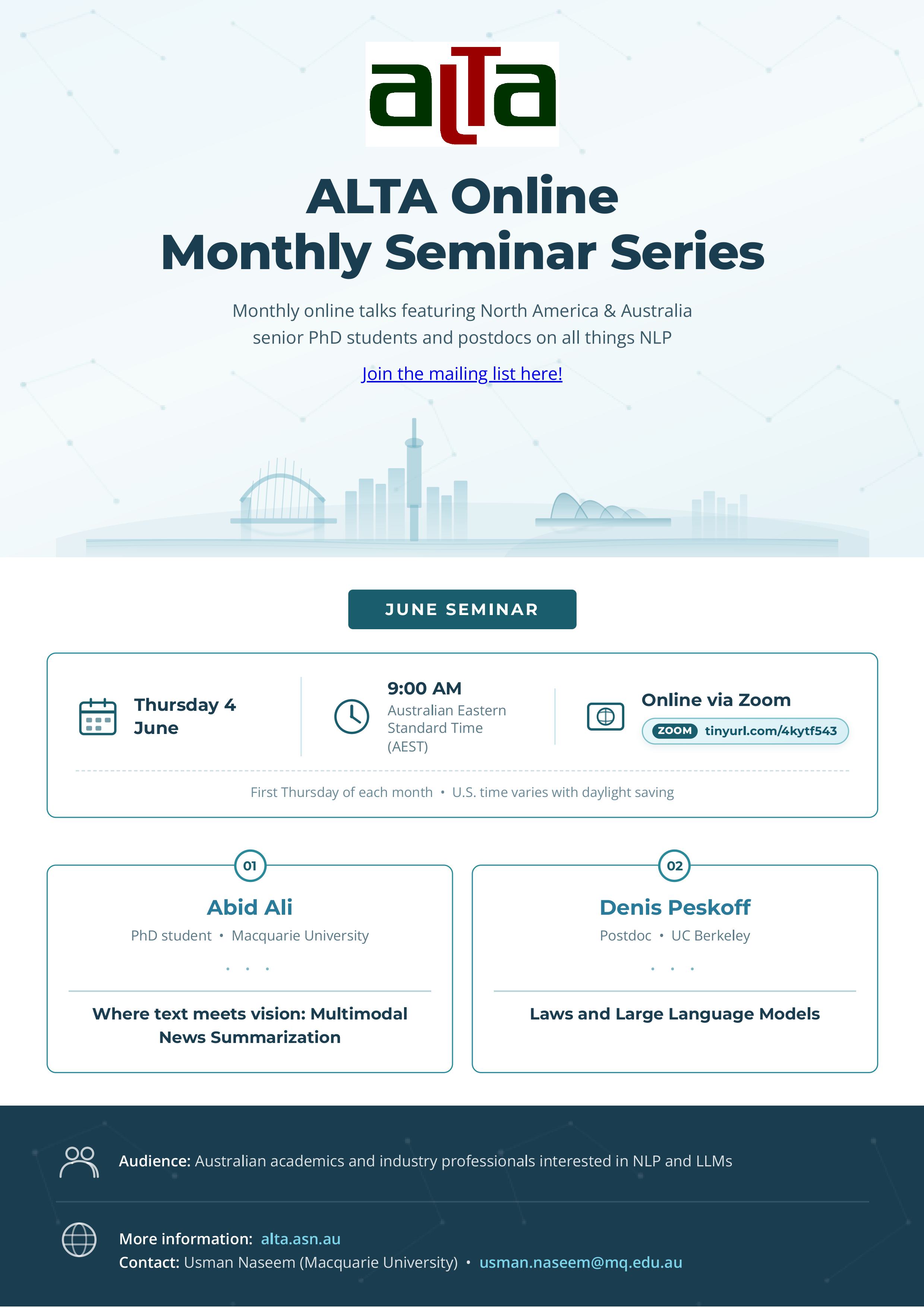 Poster for the ALTA Online Monthly Seminar Series – June 2026 session, Thursday 4 June, 9 AM AEST, featuring Abid Ali (Macquarie University) and Denis Peskoff (UC Berkeley).