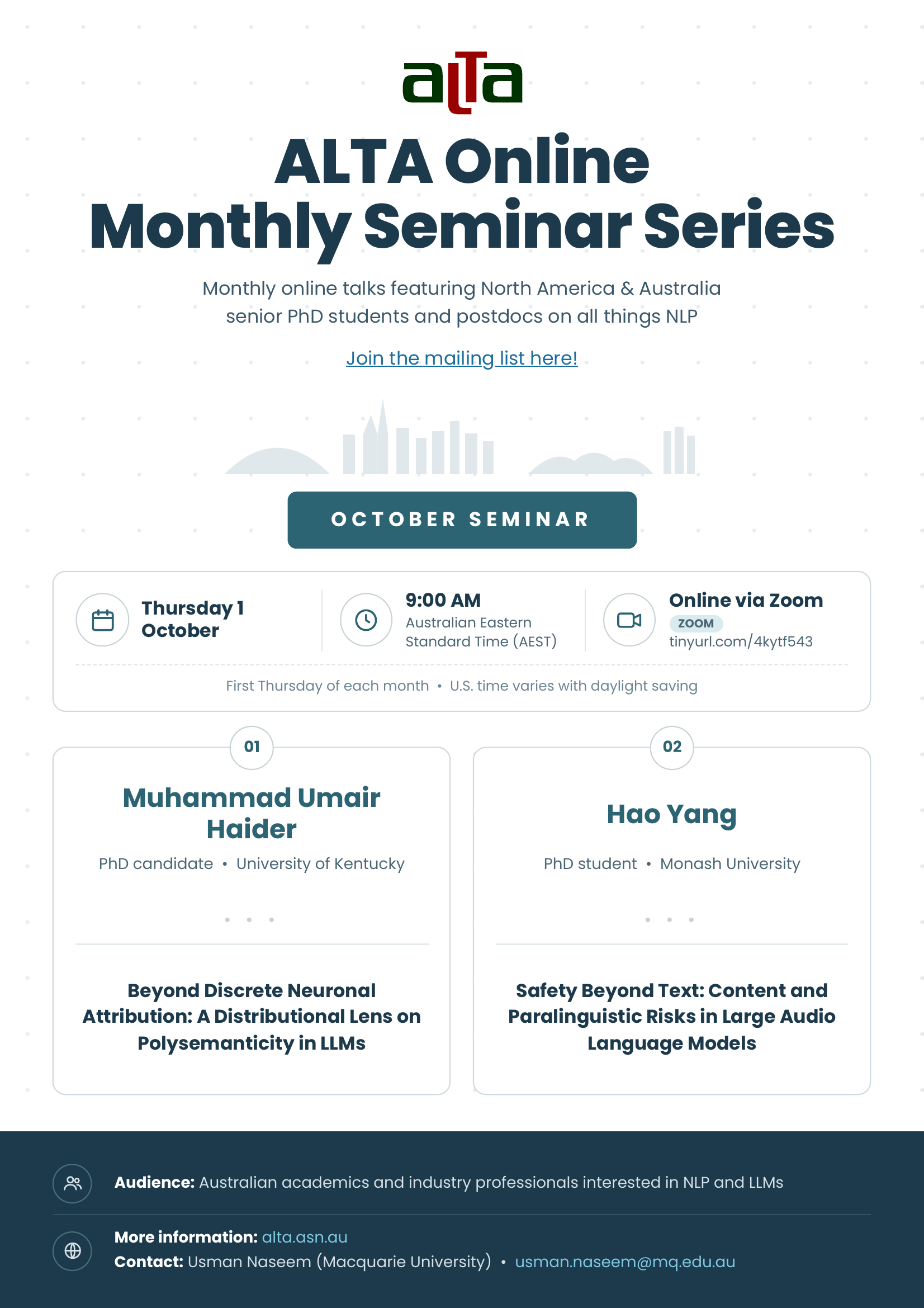 Poster for the ALTA Online Monthly Seminar Series – October 2026 session, Thursday 1 October, 9 AM AEST, featuring Muhammad Umair Haider (University of Kentucky) and Hao Yang (Monash University).