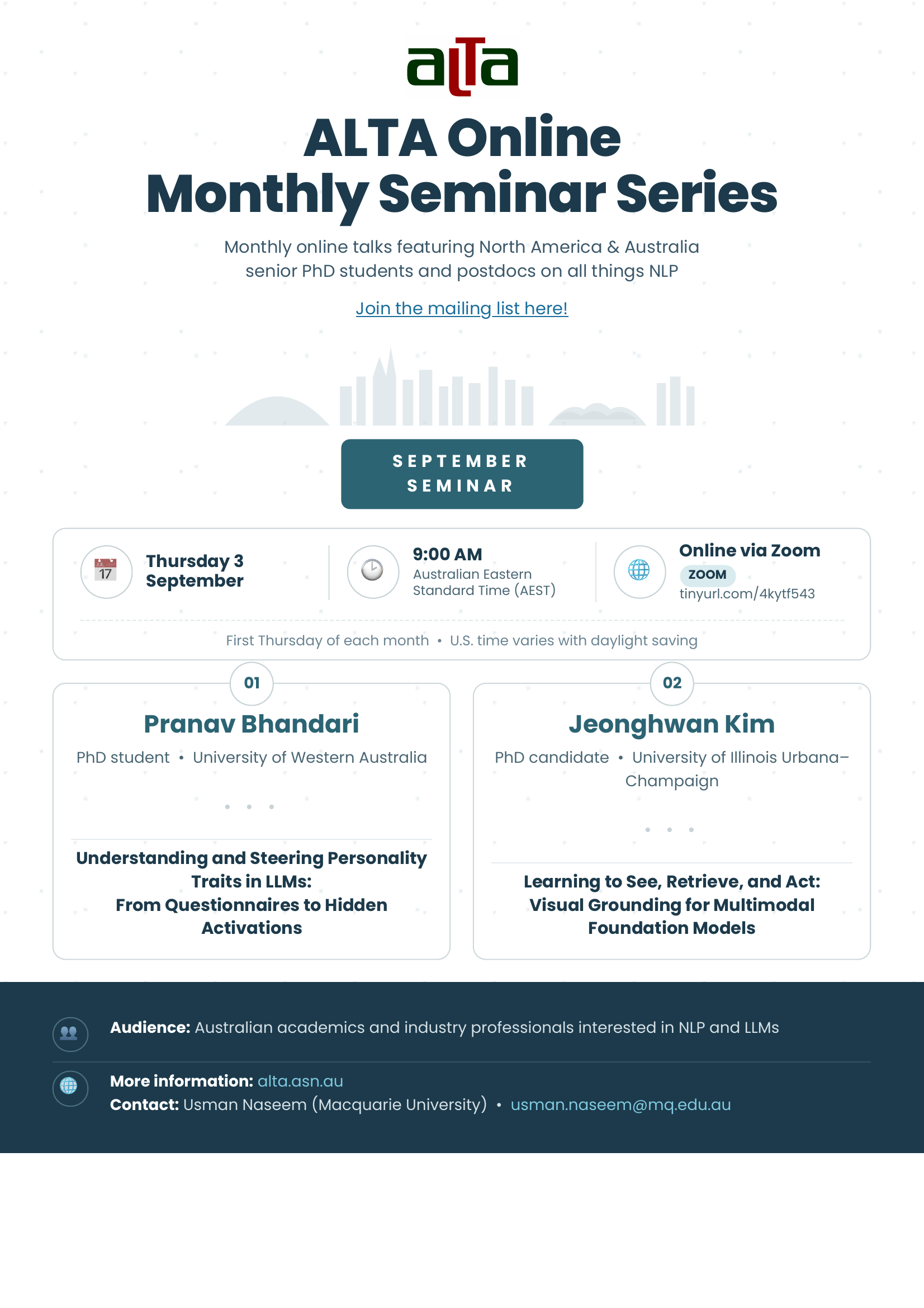 Poster for the ALTA Online Monthly Seminar Series – September 2026 session, Thursday 3 September, 9 AM AEST, featuring Pranav Bhandari (University of Western Australia) and Jeonghwan Kim (University of Illinois Urbana–Champaign).